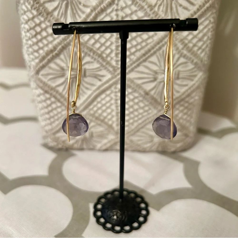 Stella & Dot Gold and Purple Drop Wire Arc Earrings